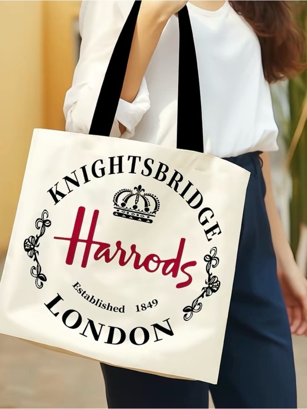 Harrods Cream Tote Shopping Bag with Black Straps and Red Logo